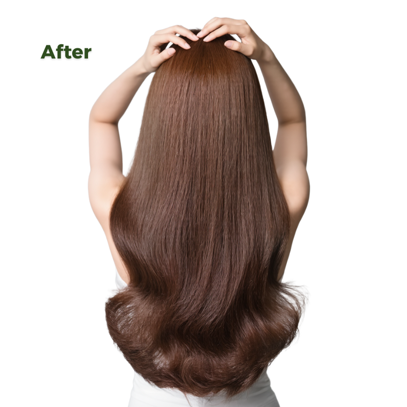 Person with long, straight brown hair styled in a ponytail on a white background