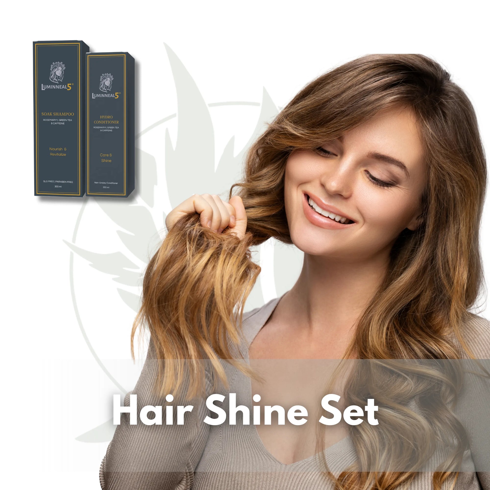 Woman with styled hair holding a section, with two boxes labeled 'Hair Shine Set' in the background. Hair Shine Set Hair-Care vpwvuf-su.myshopify.com Hair Shine Set Hair-Care vpwvuf-su.myshopify.com