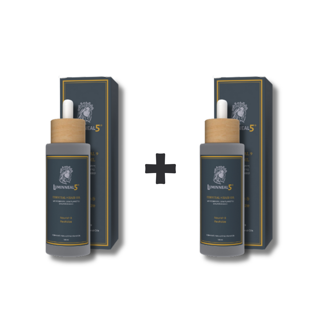 Two bottles of luminneal5 essential 9 hair oil product with boxes on a white background