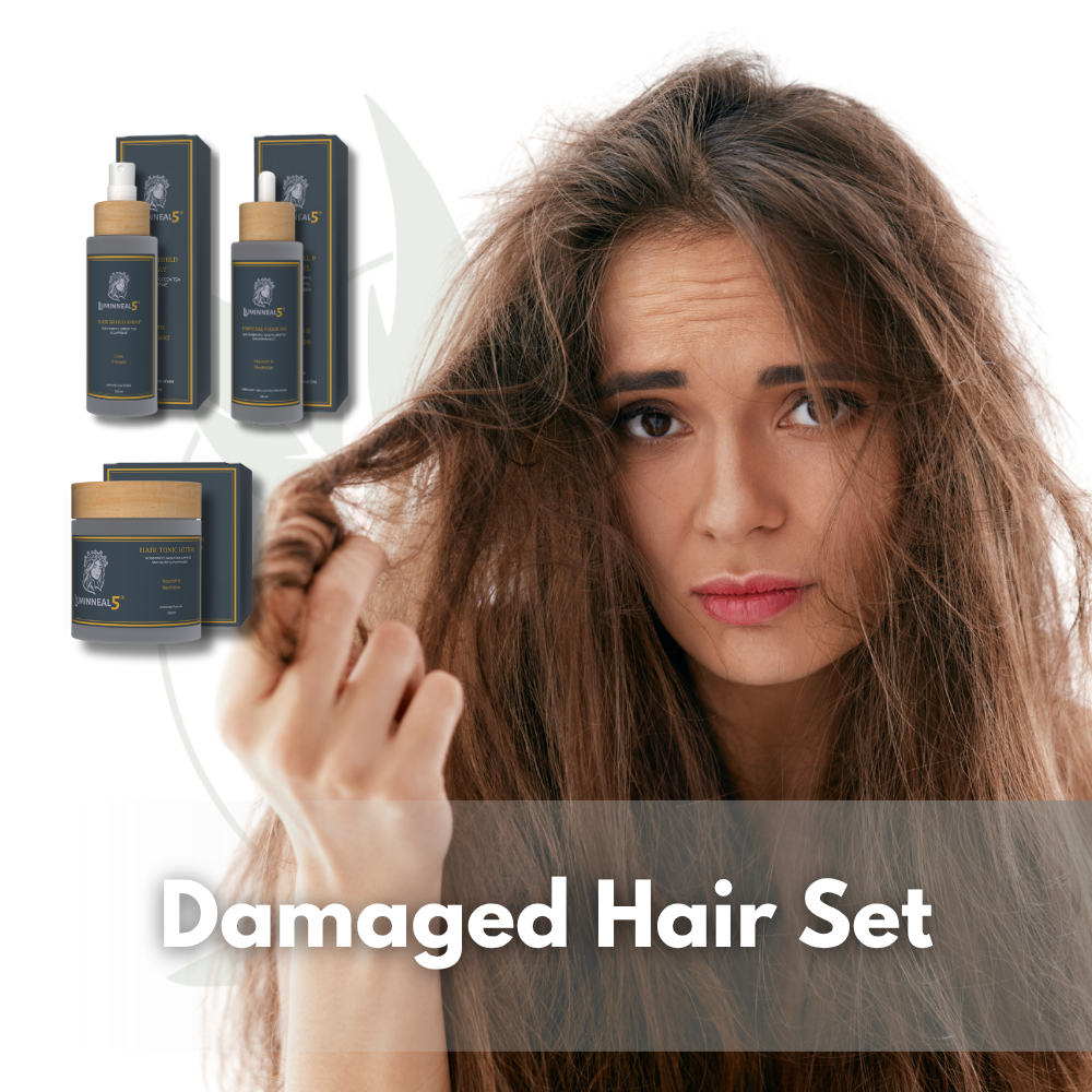 Woman with damaged hair and products on a white background (Luminneal5 Damaged Hair Set)