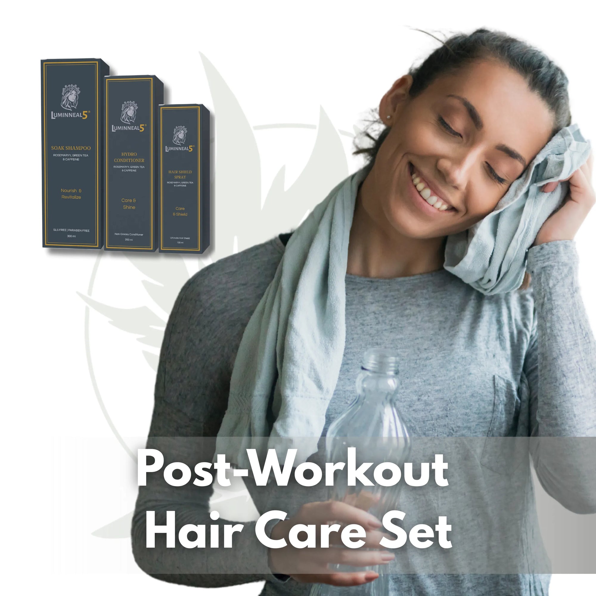 Woman with a towel on her head after a workout, with 'Post-Workout Hair Care Set' text and boxes in the background. Post-Workout Hair Care Set Hair-Care vpwvuf-su.myshopify.com Post-Workout Hair Care Set Hair-Care vpwvuf-su.myshopify.com