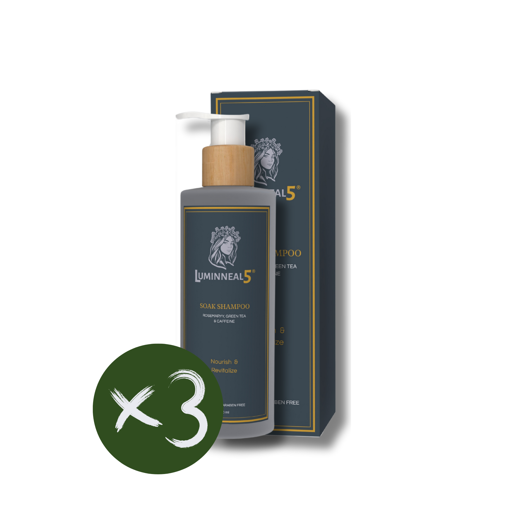 Luminneal5 shampoo bottle and box on a white background