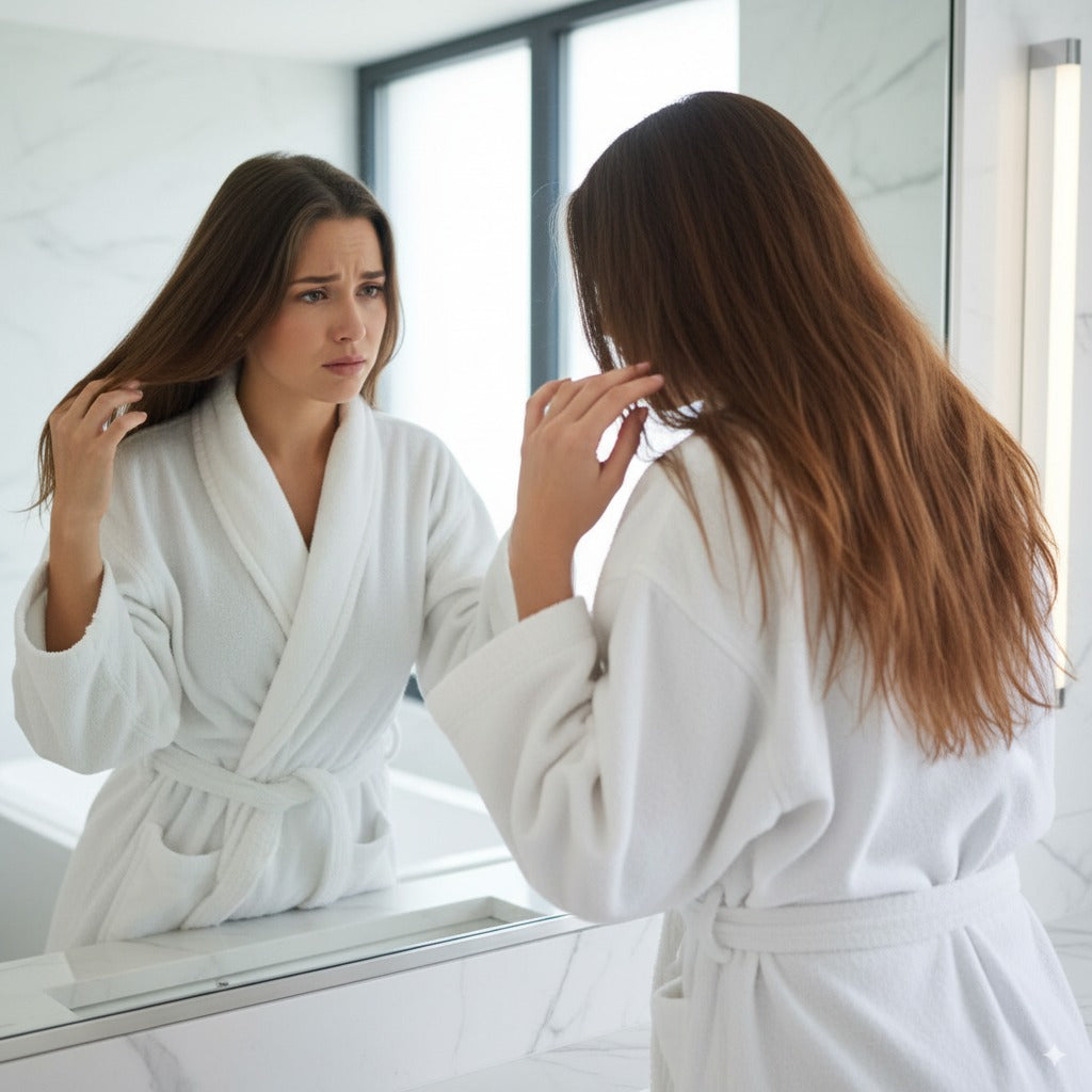 Woman in a white robe looking at herself in the mirror.