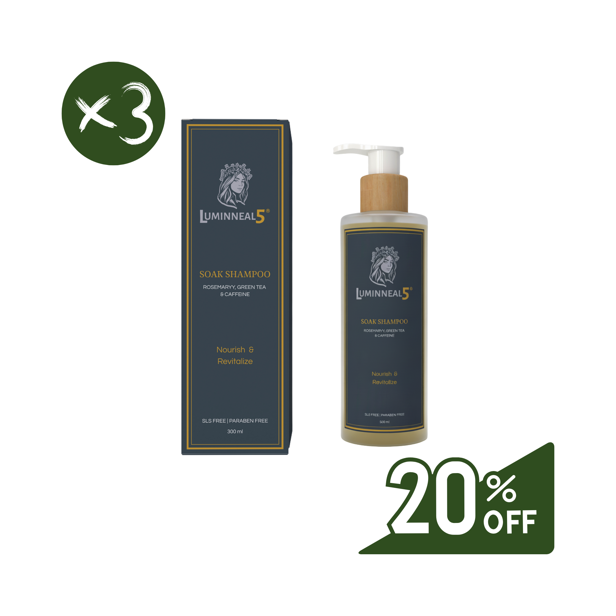 Lumineneal5 hair shampoo bottle and box with a 20% off discount label on a white background