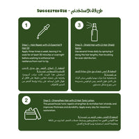 Instructions for hair care products with text and icons on a green background (damaged Hair Set) Damaged hair Set Hair-Tonic vpwvuf-su.myshopify.com Damaged hair Set Hair-Tonic vpwvuf-su.myshopify.com