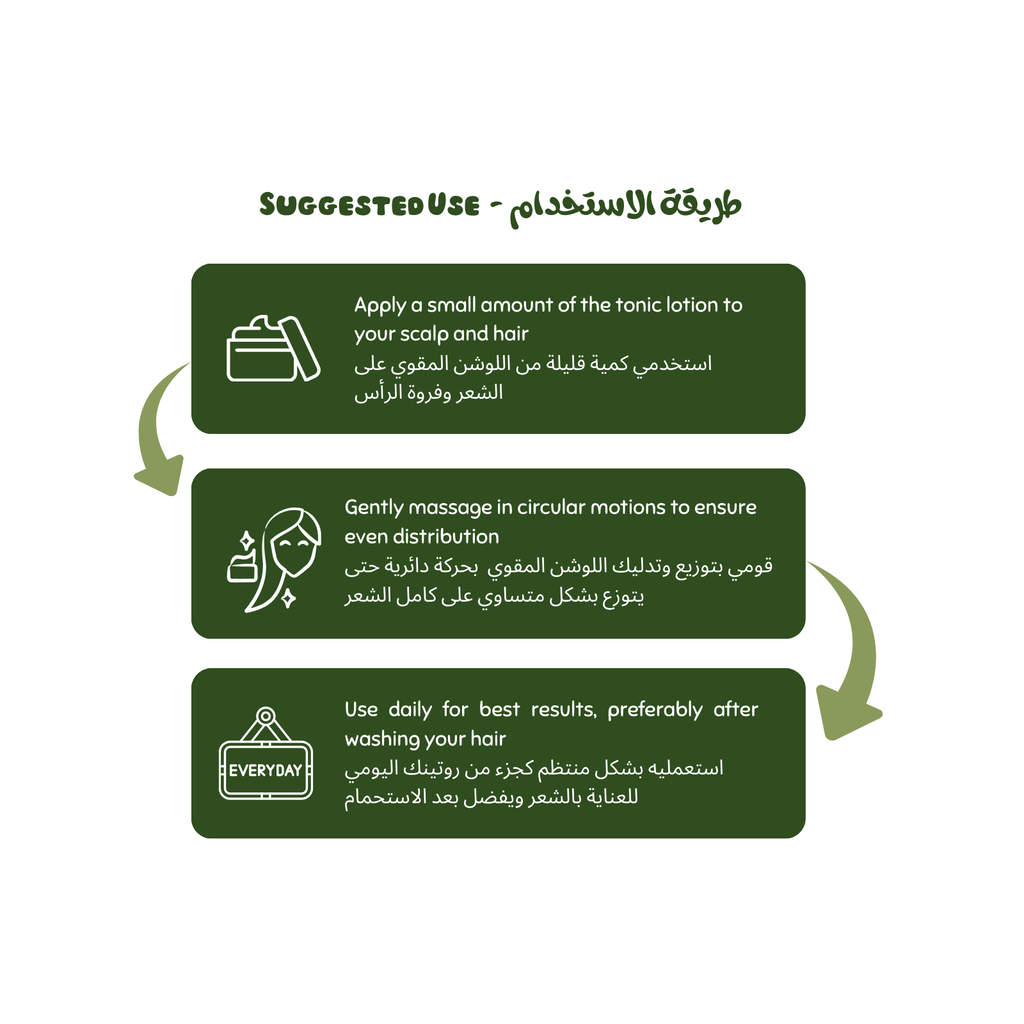 Instructions for using a tonic lotion on scalp and hair with Arabic text and  icons. Luminneal5 Hair tonic Lotion