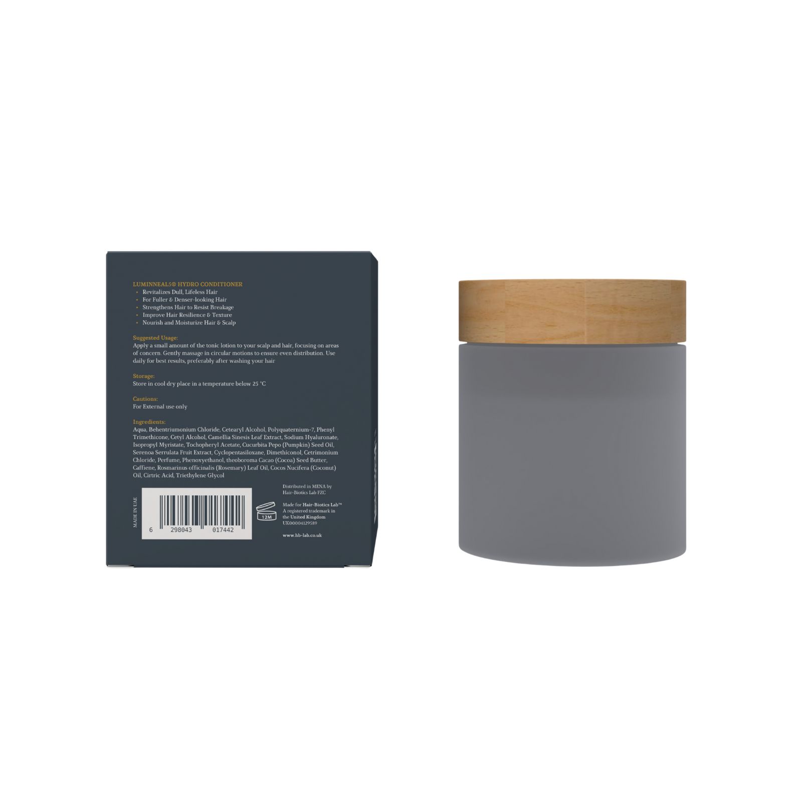 Luminneal5 Hair tonic Lotion container with wooden lid on a white background