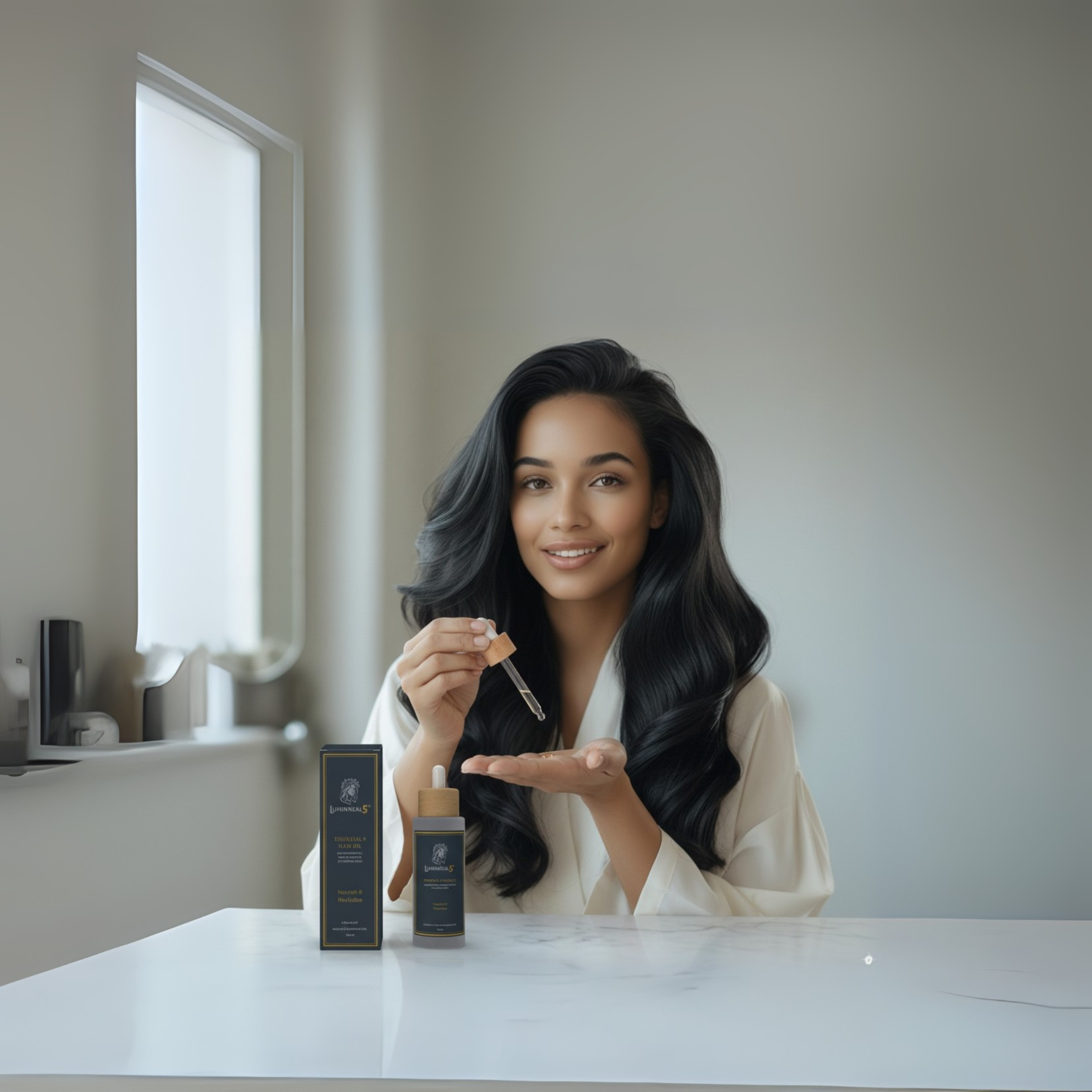 Woman applying Luminneal5 Essential 9 hair Oil with a dropper in a bathroom setting