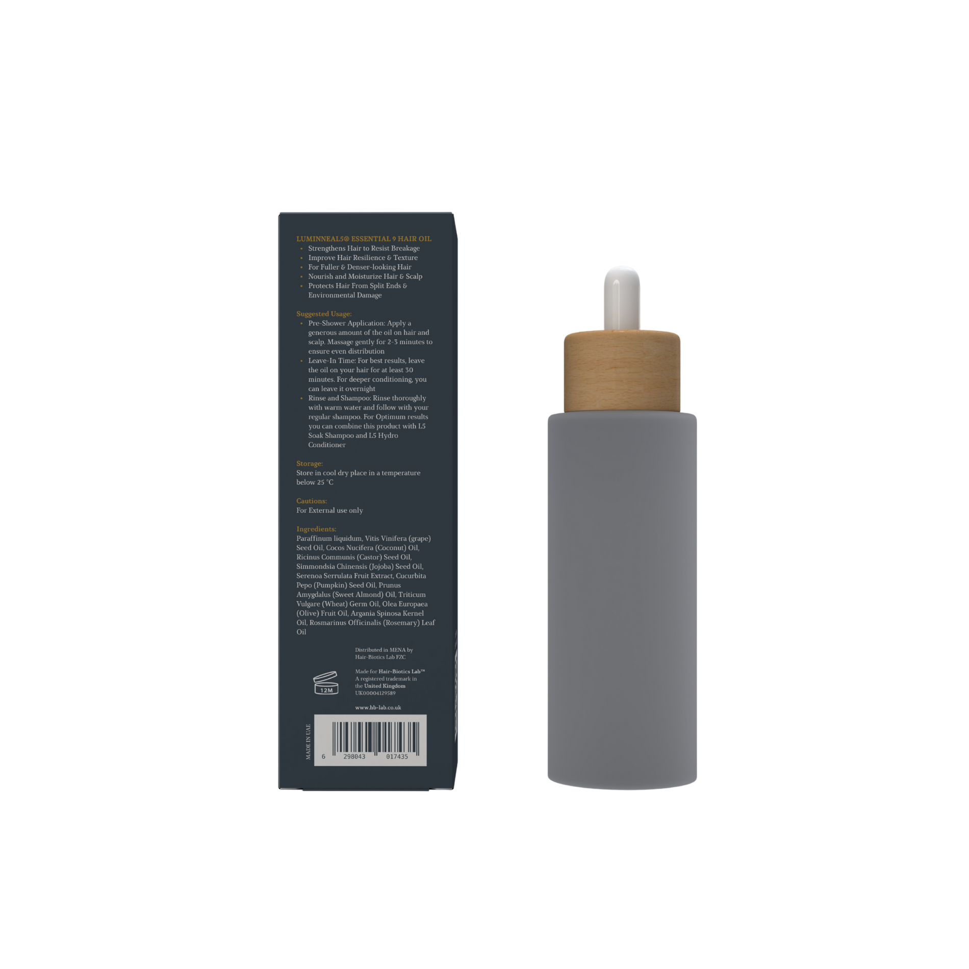 Luminneal5 Essential 9 hair Oil bottle with wooden cap and black box on a white background