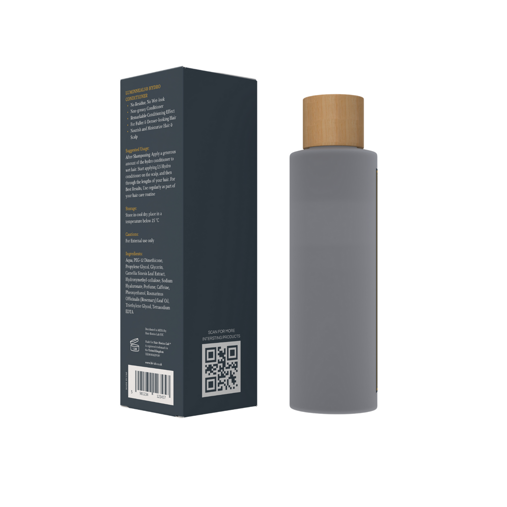Luminneal5 Hydro Conditioner bottle with wooden cap and black box on a white background